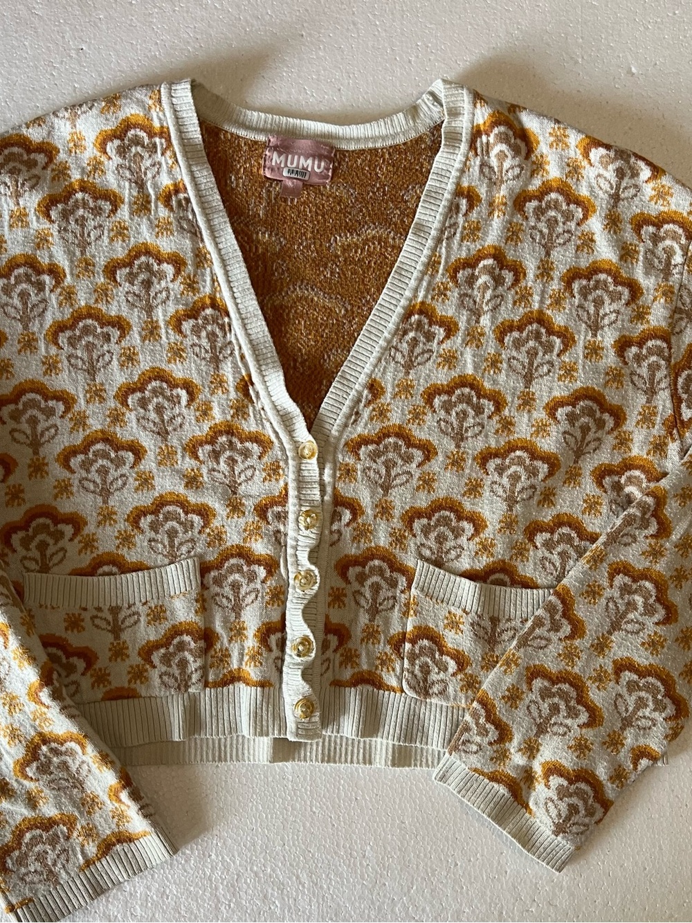 Show Me Your MuMu Cream & Mustard Patterned V-Neck Cardigan size M